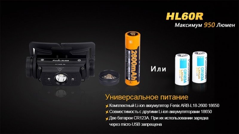 FENIX ЛІХТАР НАЛОБНИЙ HL60R BLACK